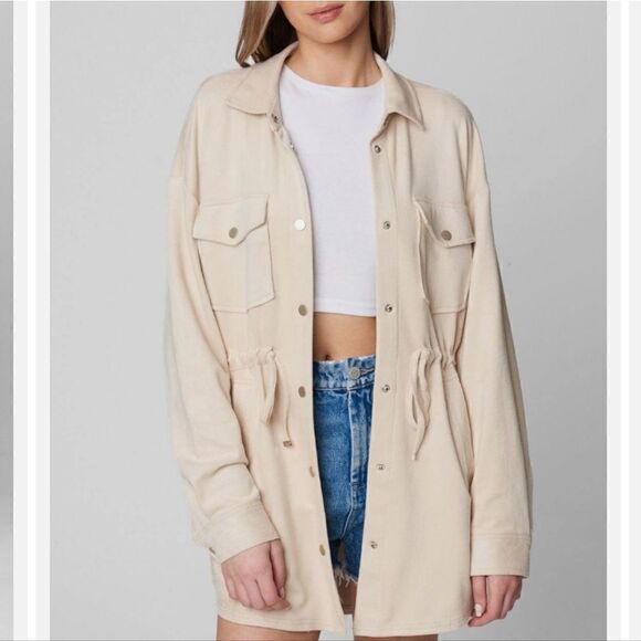 Blank NYC Faux Suede Utilty Women's Drawstring Waist Shirt Beige Jacket Small - Picture 2 of 13